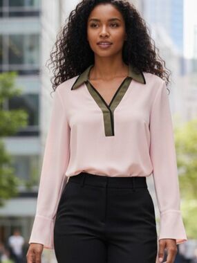 Sisley Pink Crepe Blouse Olive Contrast Collar Bell Cuff Pullover Women's